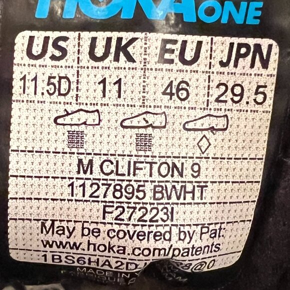 Hoka Clifton 9, Black with White, Size 11.5 D US - Picture 5 of 5